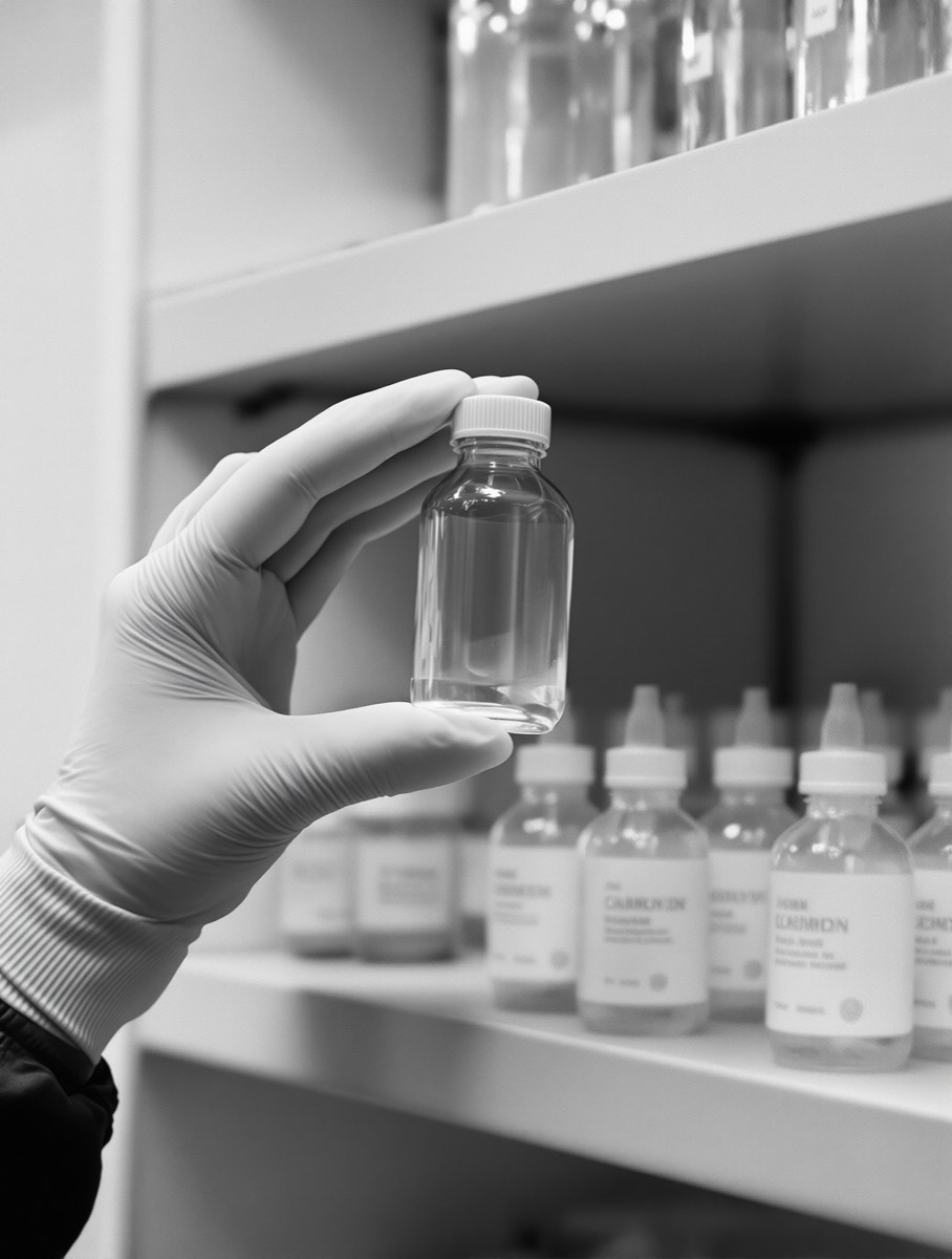 A gloved hand lifting a single plastic laboratory bottle down from a shelf, cropped close, the background falling away.